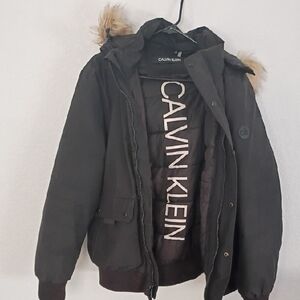 Calvin Klein Men's Black Puffer Jacket with Fur Hood